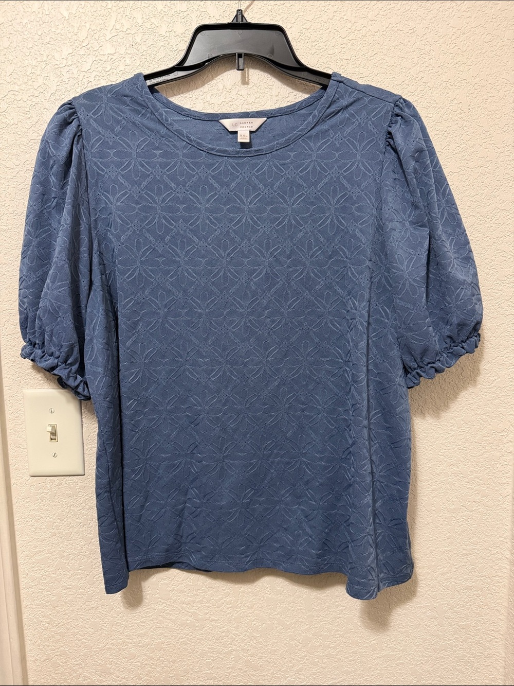LC Lauren Conrad Dusty Blue Floral Textured Puff-Sleeve Top